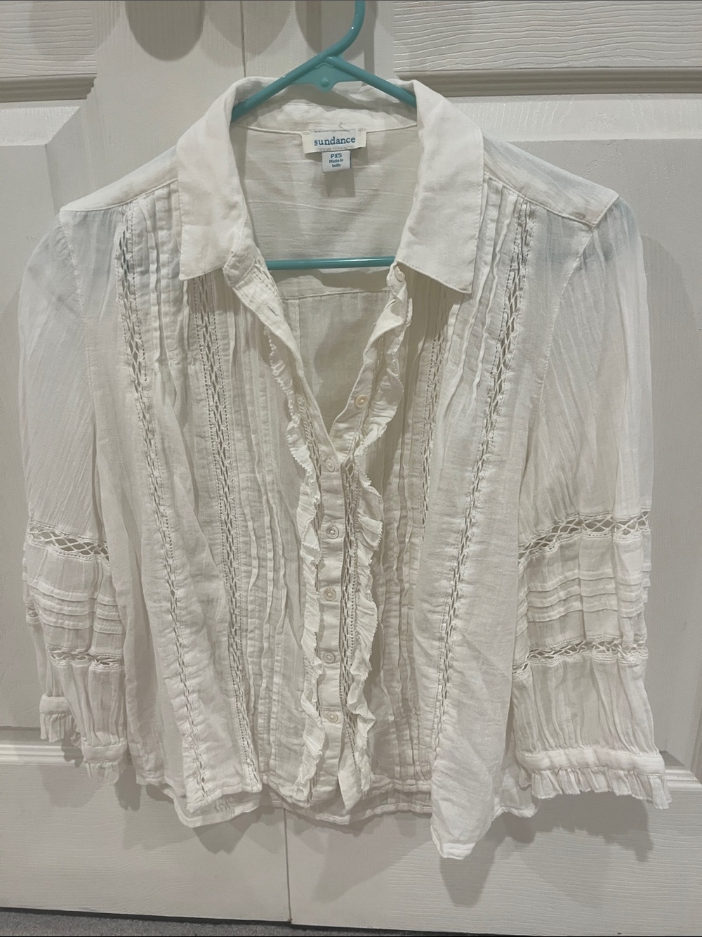 Sundance Cream Pintuck Ruffle Button-Front Blouse